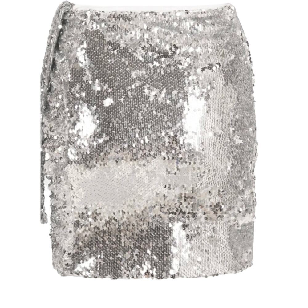Sequin Micro Mini Skirt Silver Size 12 Ruched Metallic OW Collection $128 NEW - Picture 4 of 11